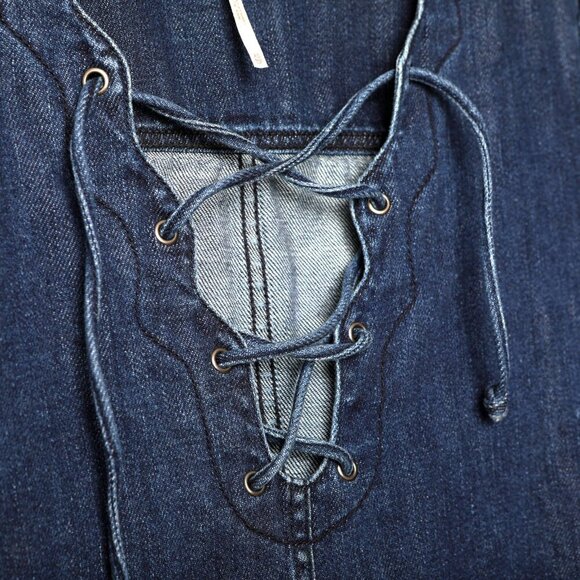 Free People Neapolitan Dreams Blue Denim Tunic Top Cotton Lace Up Shirt Boho - Picture 8 of 10